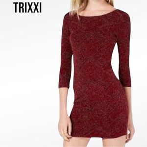 NWT TRIXXI Bodycon Dress BURGUNDY METALLIC SPARKLE Slinky 3/4 Sleeve Large EUC